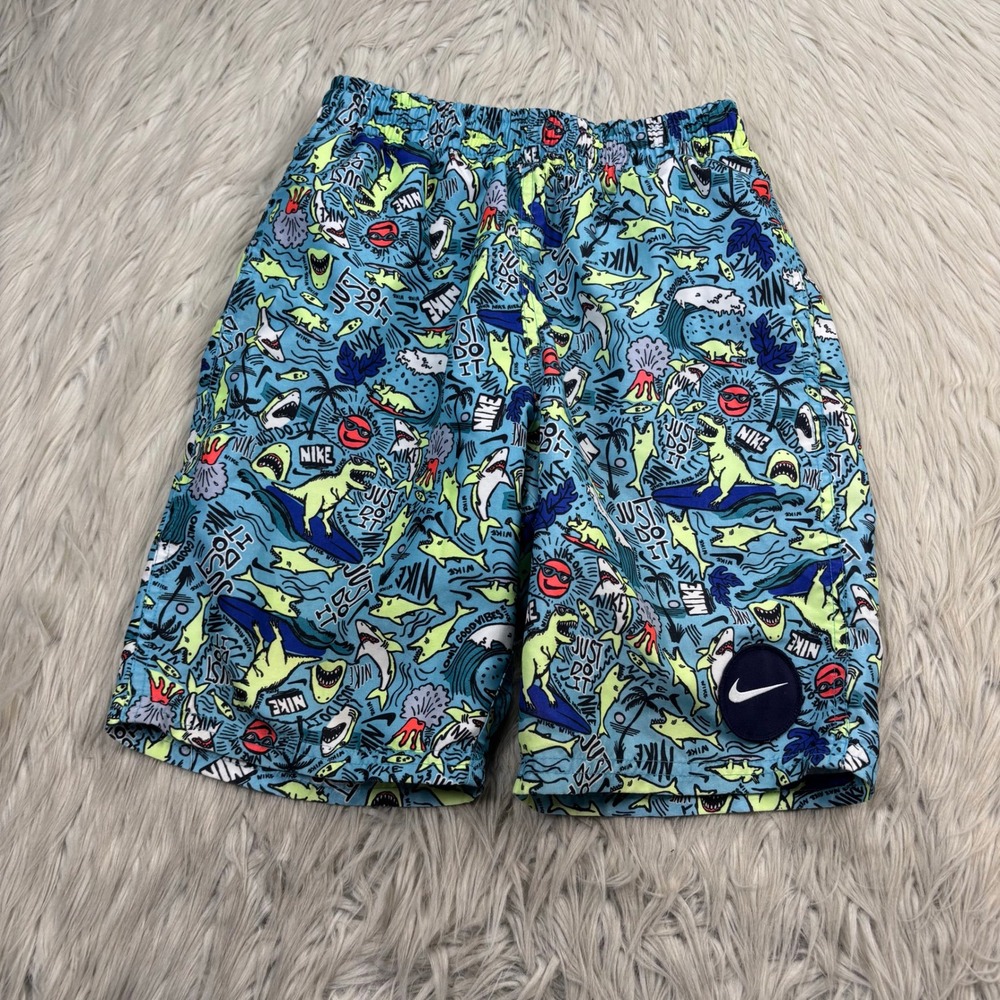 Nike Boy's M Blue Shark Print Swim Trunks Shorts Mesh Liner
